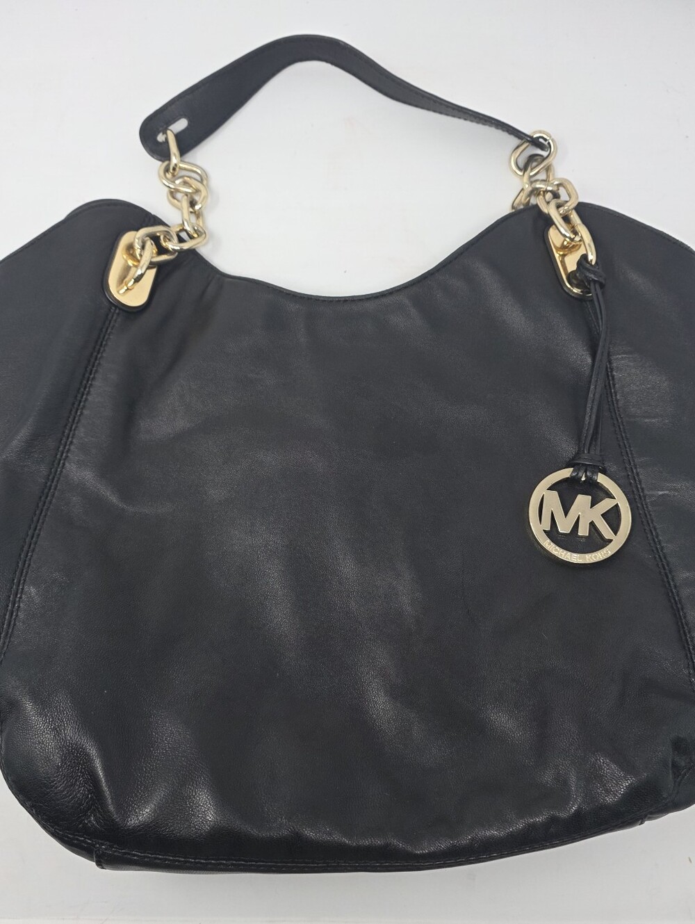 Michael Kors Fulton Black Pebbled Leather Hobo Bag Gold Chain Shoulder Handbag